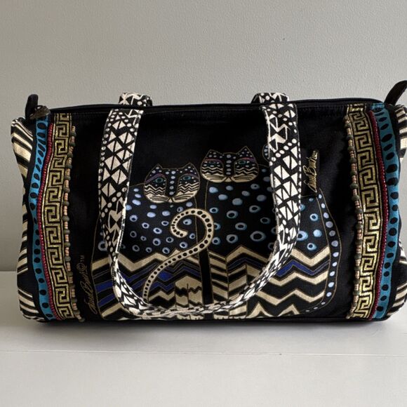 Laurel Burch Handbags - Laurel Burch Cat Tote Bag Black Blue Geometric Zip Top Shoulder Bag